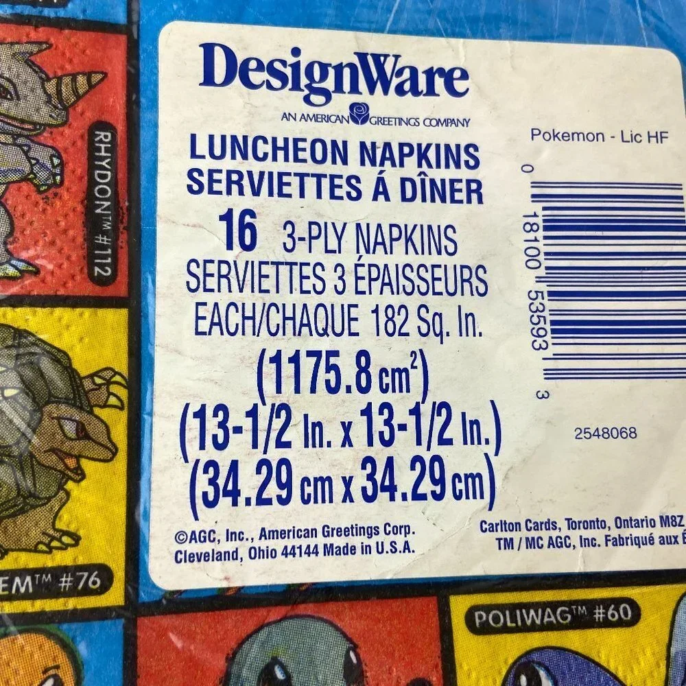 Vintage Pokemon Pikachu 16-count Kids Party Collectible Napkins